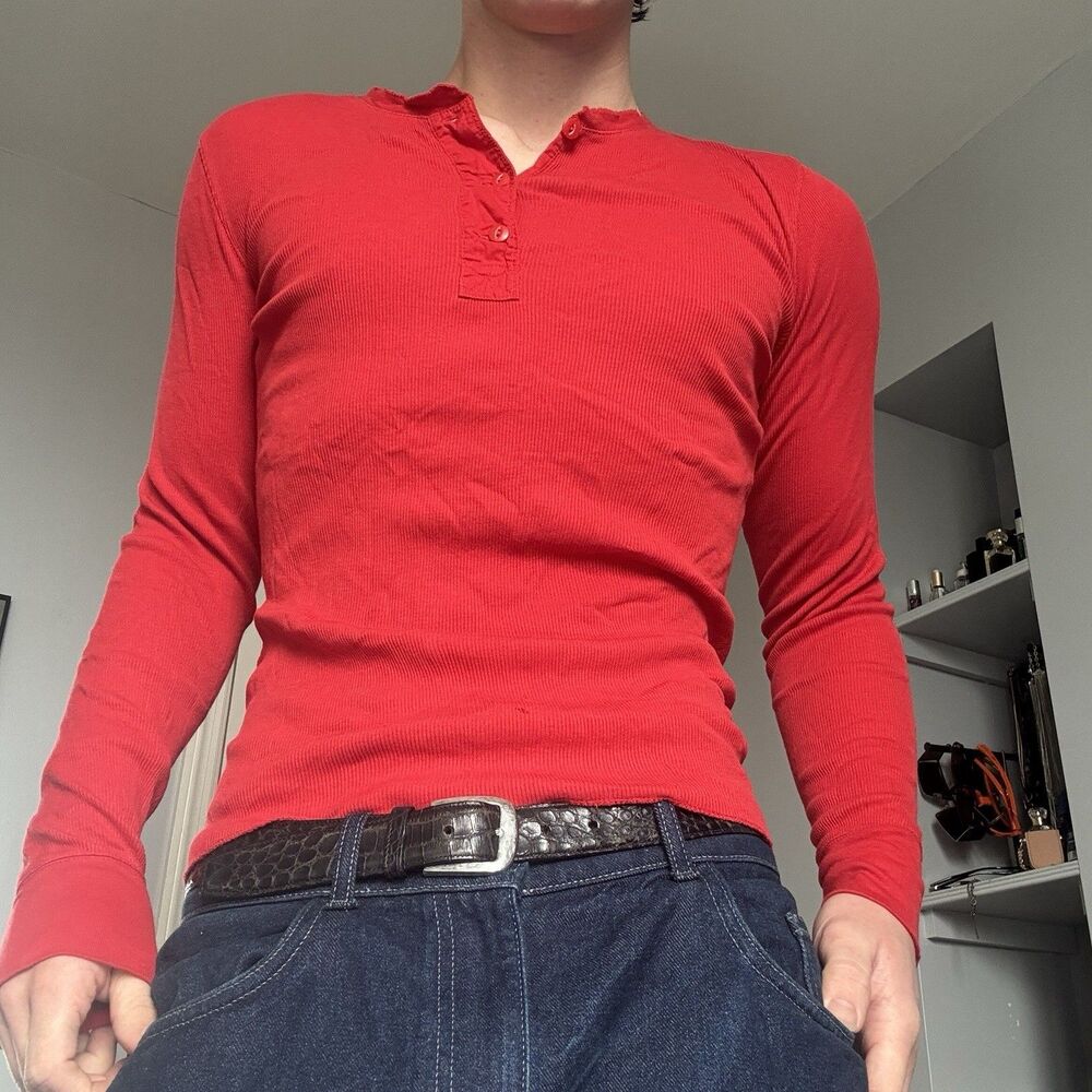 Men's Ribbed Polo Ralph Lauren Red Henley Button Up Slim Fit Sz L 100% Cotton